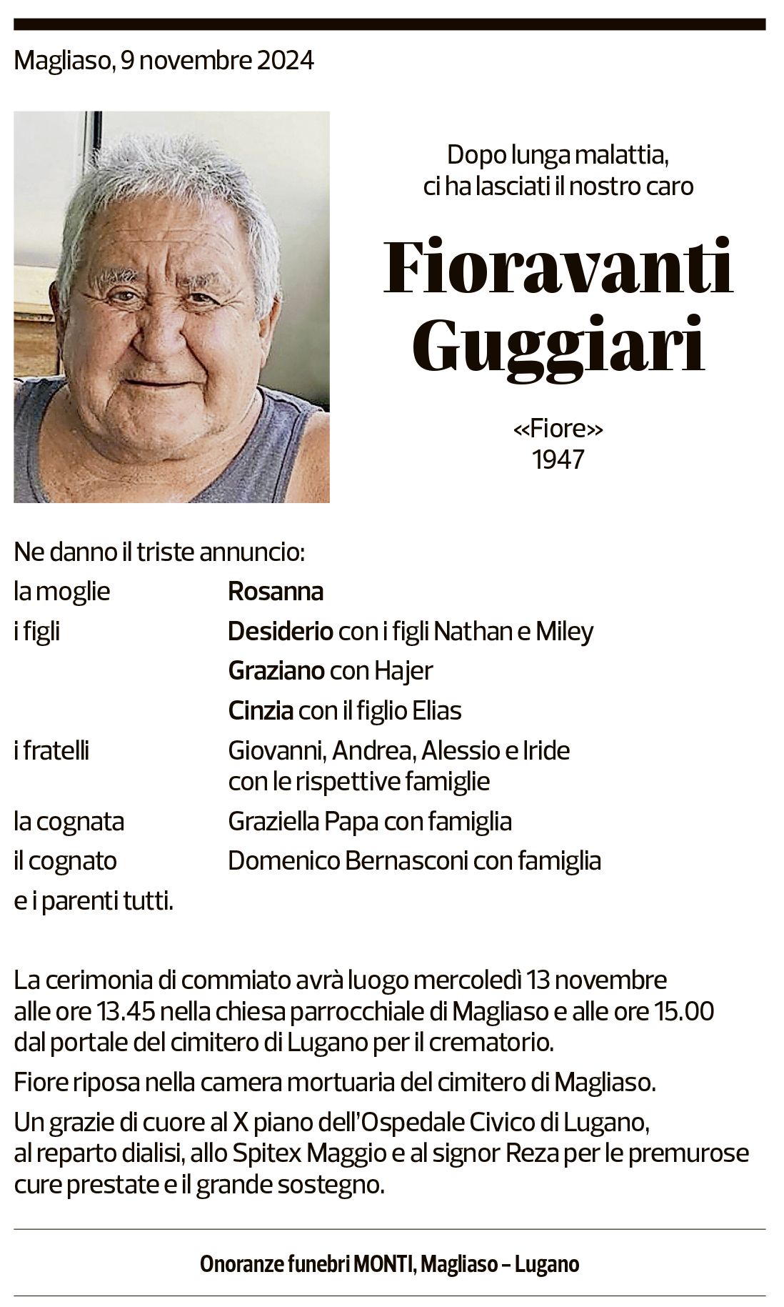 Annuncio funebre Fioravanti Guggiari