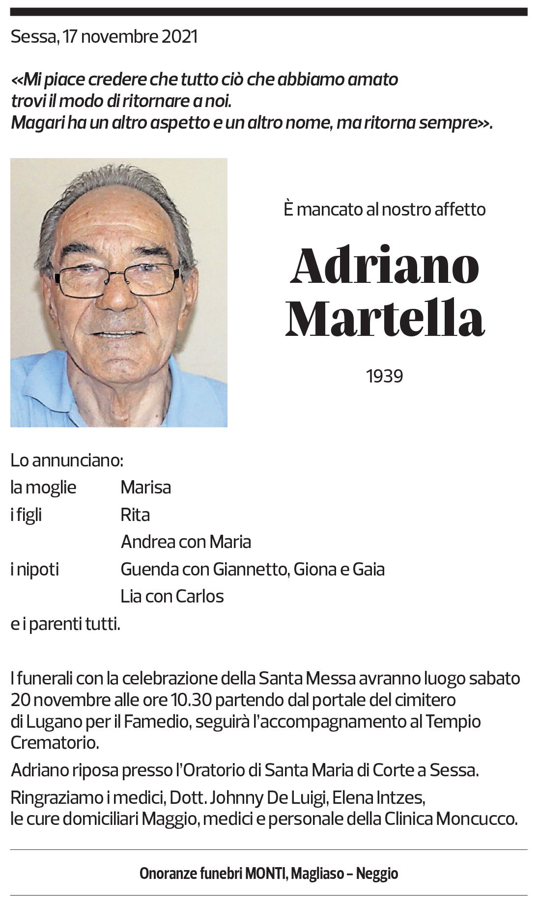 Annuncio funebre Adriano Martella