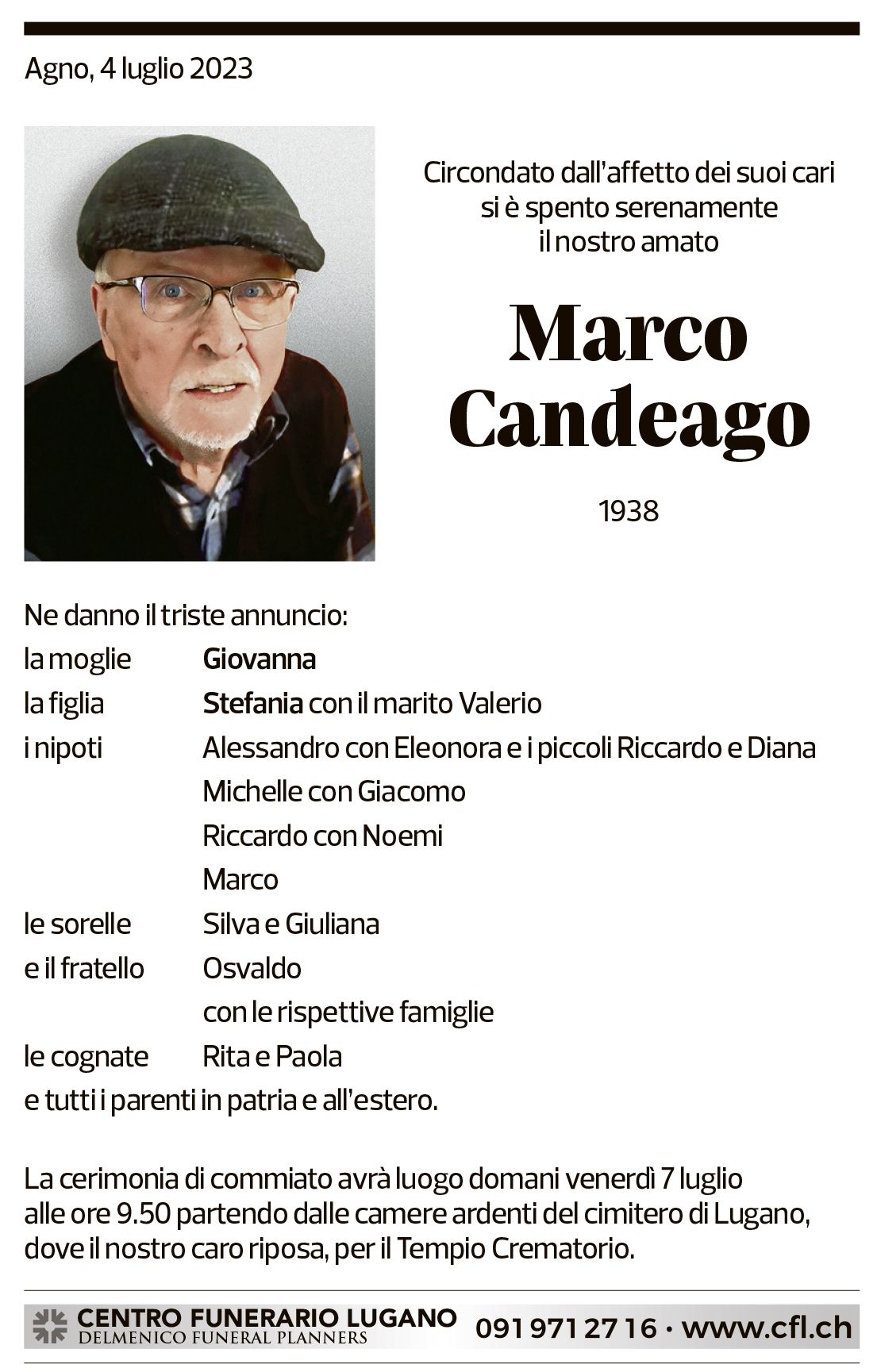 Annuncio funebre Marco Candeago