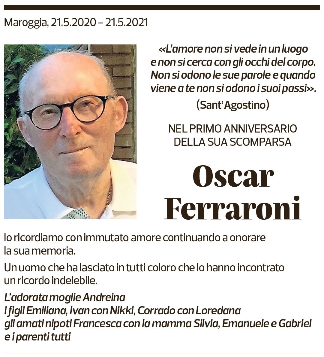 Annuncio funebre Oscar Ferraroni