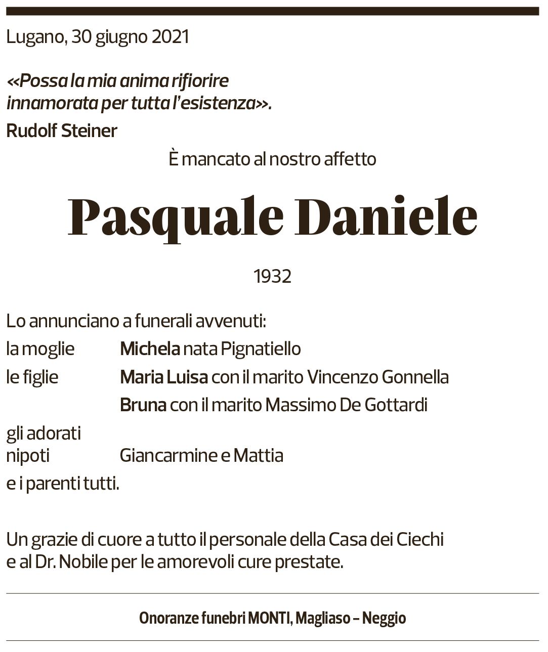 Annuncio funebre Pasquale Daniele