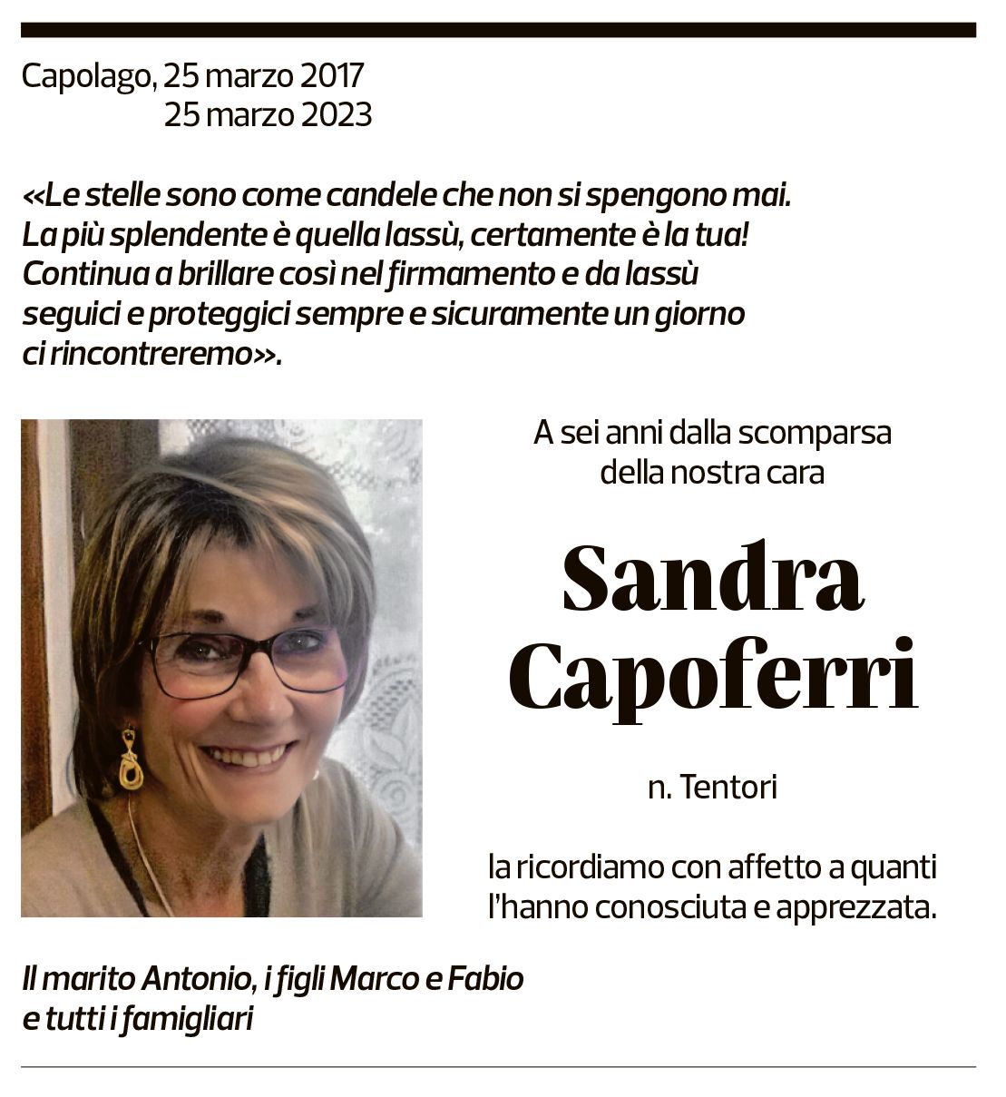 Annuncio funebre Sandra Capoferri