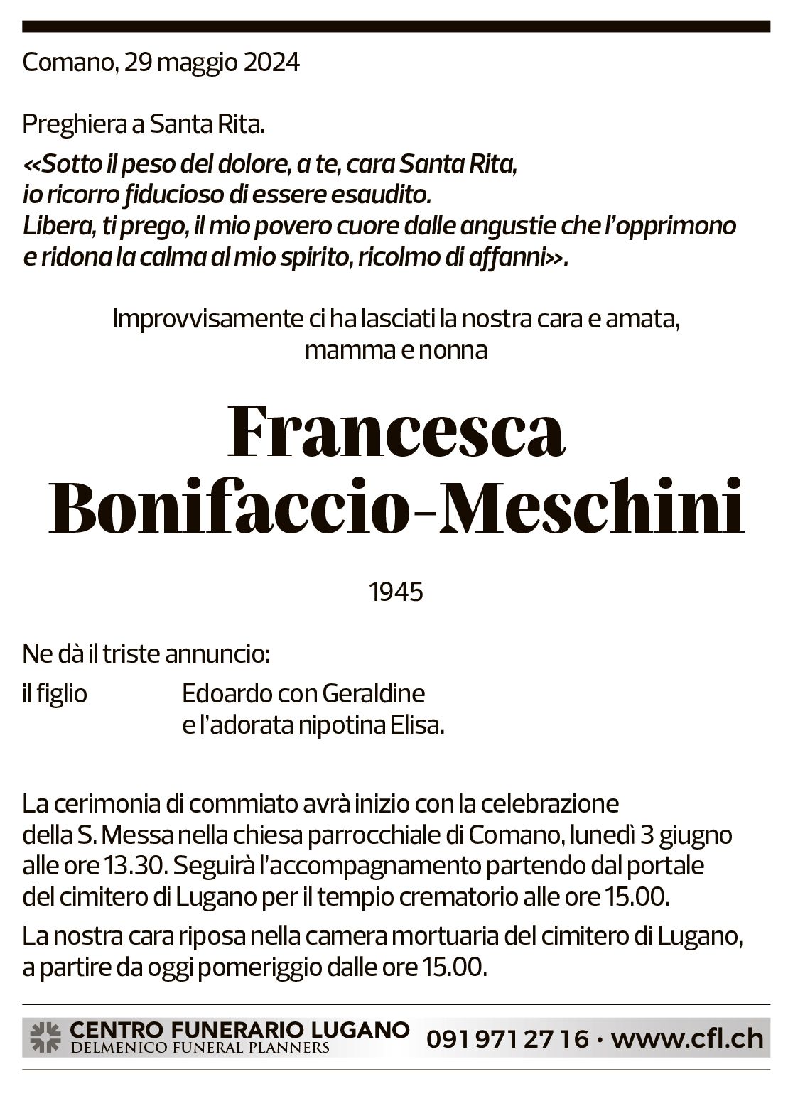 Annuncio funebre Francesca Bonifaccio-meschini