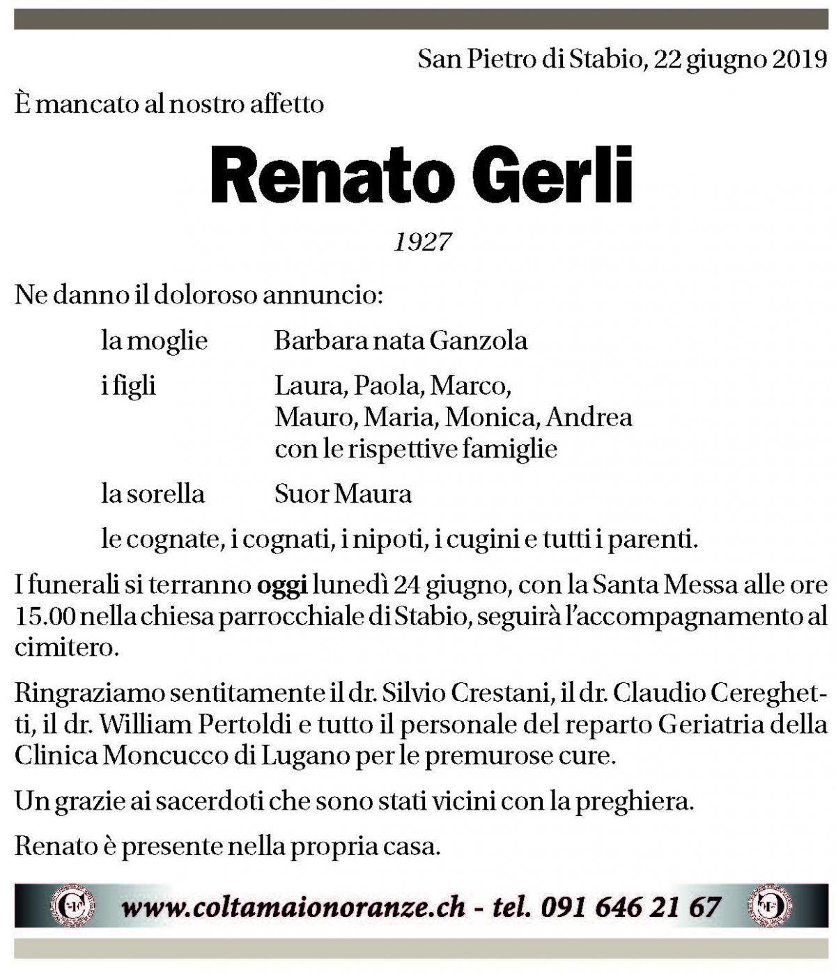 Annuncio funebre Renato Gerli