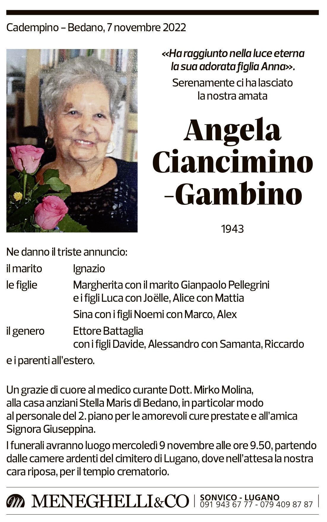 Annuncio funebre Angela Ciancimino-gambino