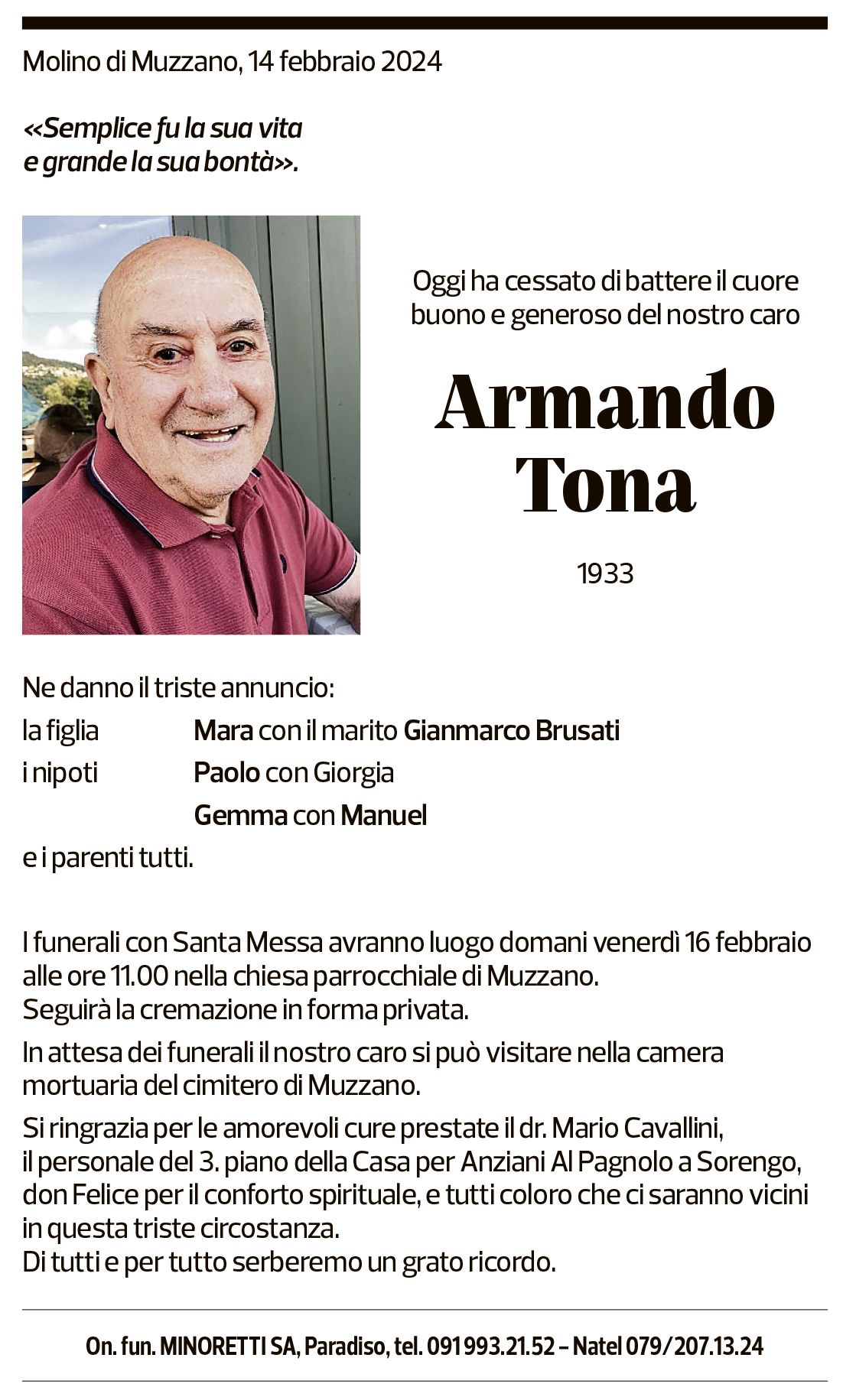 Annuncio funebre Armando Tona