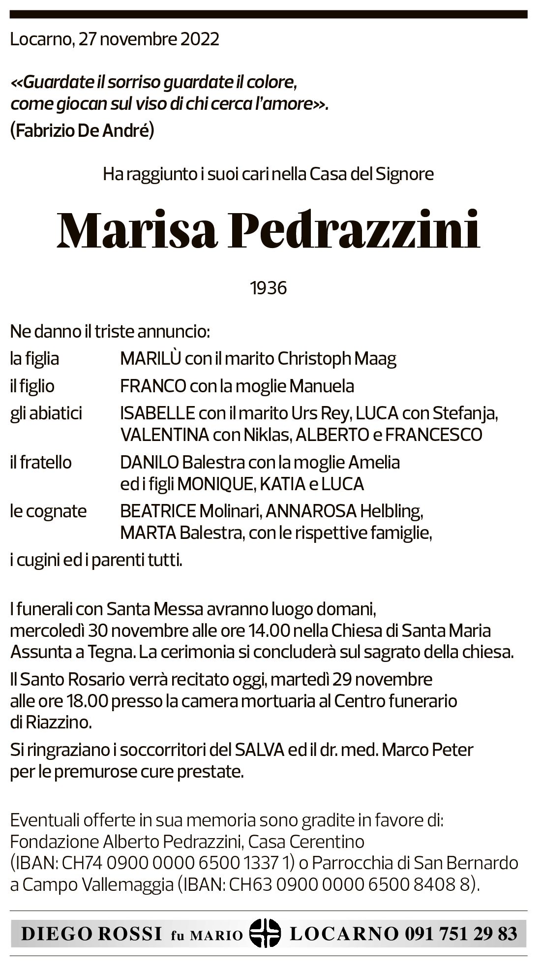 Annuncio funebre Marisa Pedrazzini