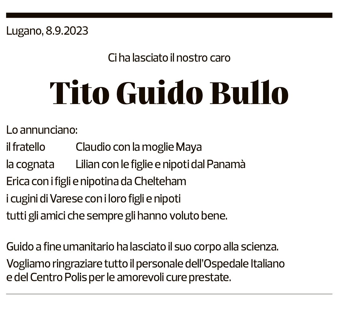 Annuncio funebre Tito Guido Bullo