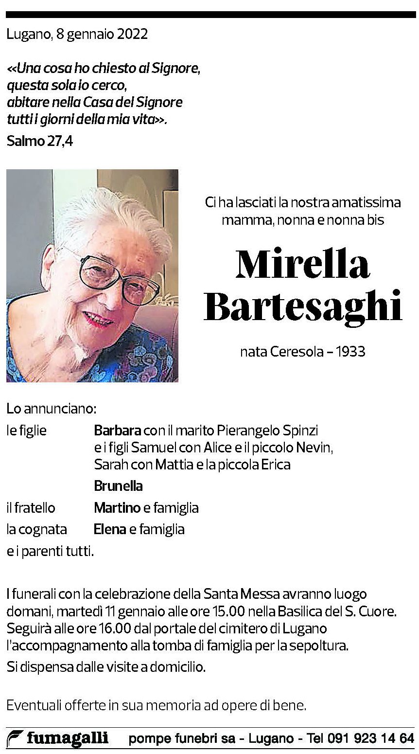 Annuncio funebre Mirella Bartesaghi