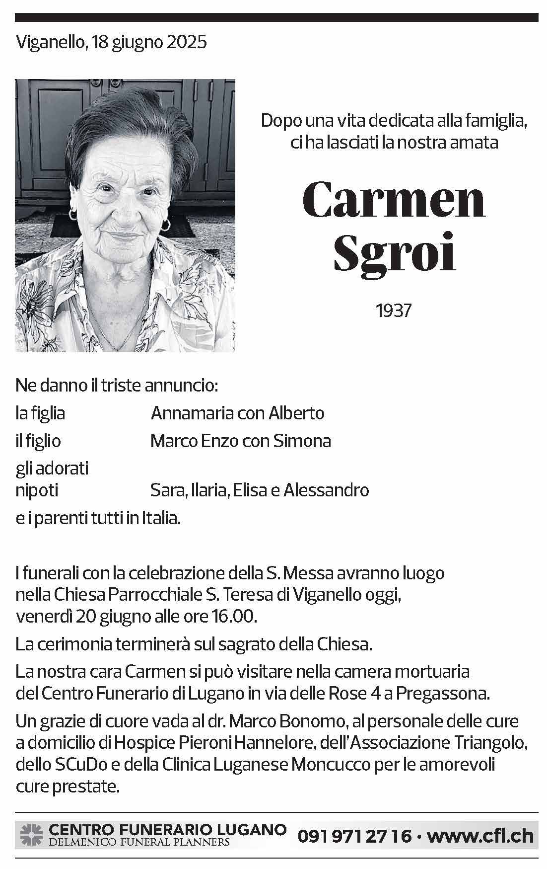 Annuncio funebre Carmen Sgroi