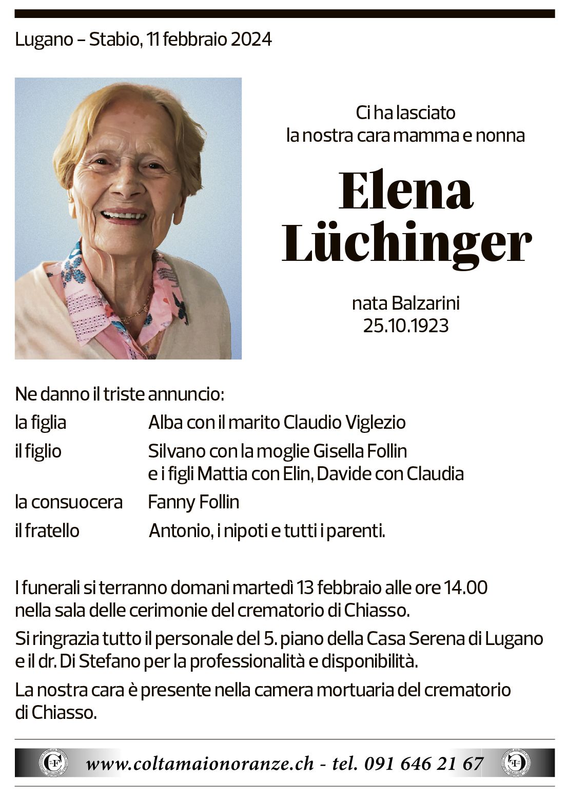 Annuncio funebre Elena Lüchinger