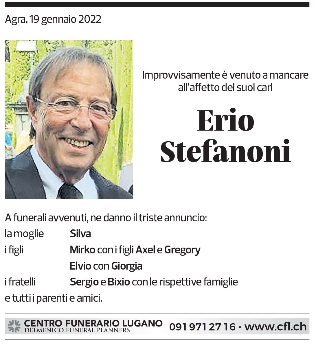 Annuncio funebre Erio Stefanoni