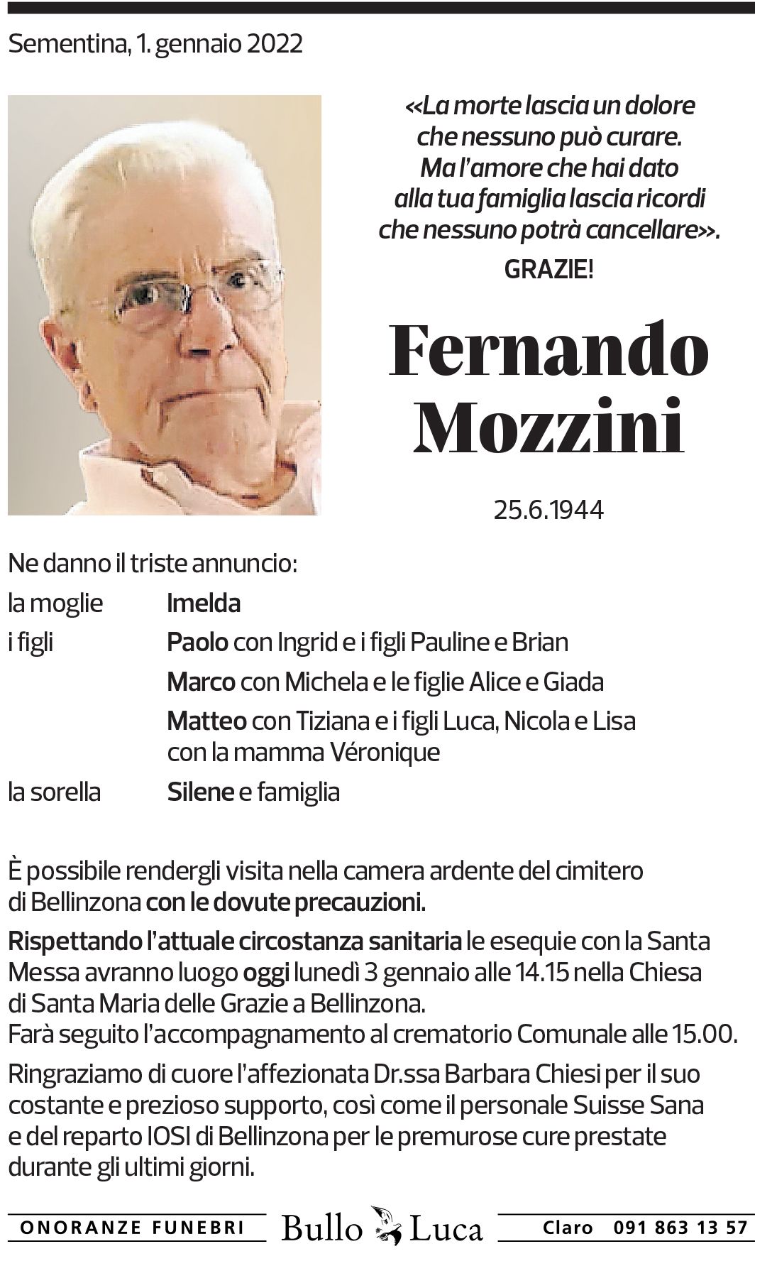 Annuncio funebre Fernando Mozzini