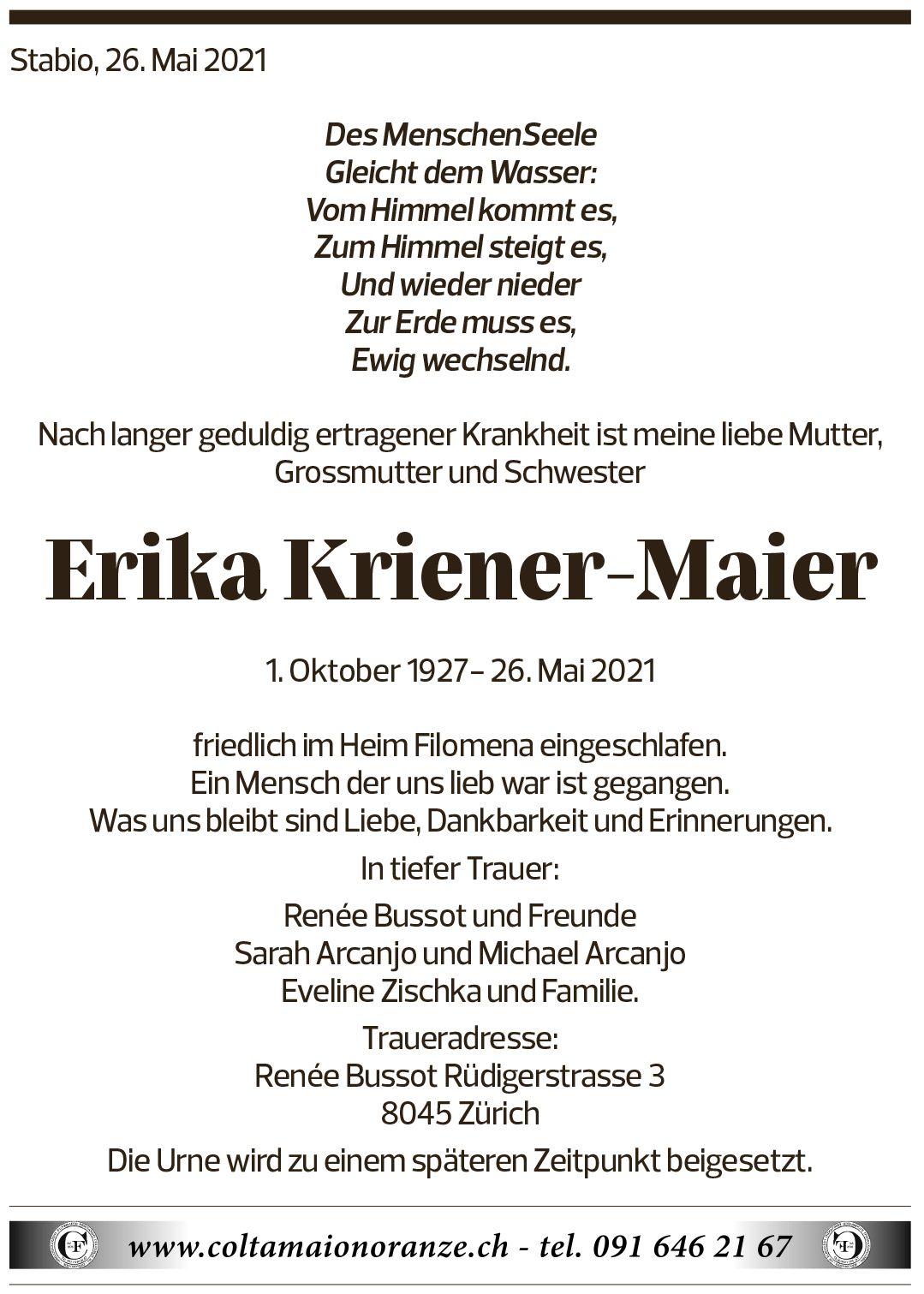 Annuncio funebre Erika Kriener-maier