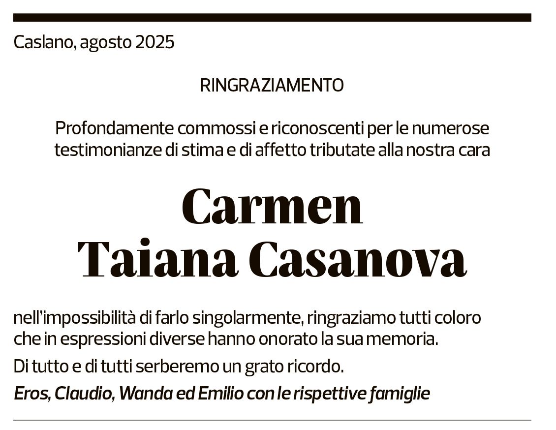 Annuncio funebre Carmen Taiana Casanova