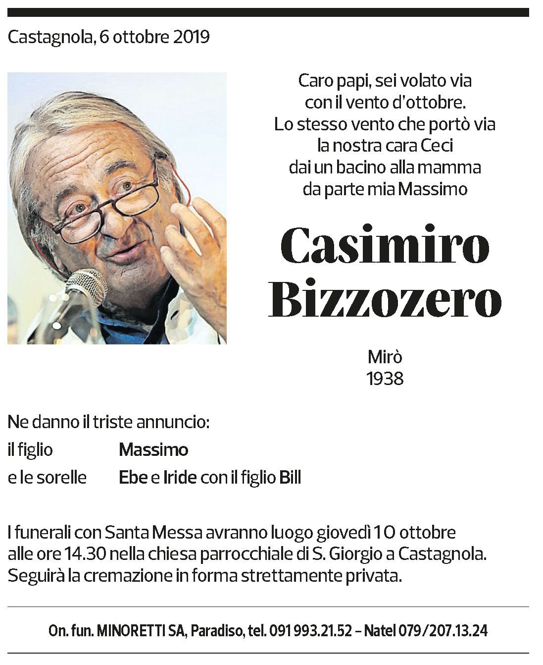 Annuncio funebre Casimiro Bizzozero