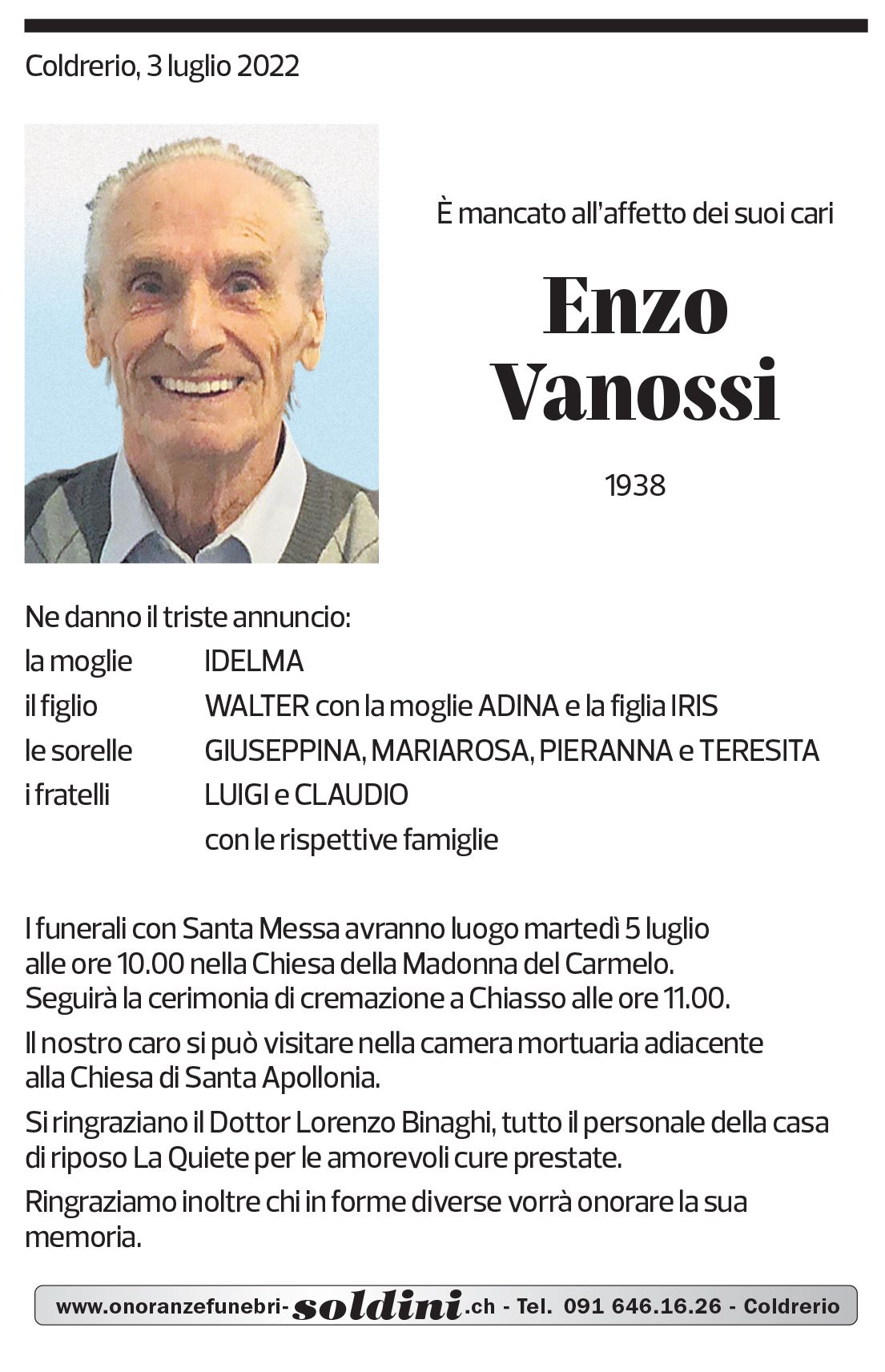 Annuncio funebre Enzo Vanossi