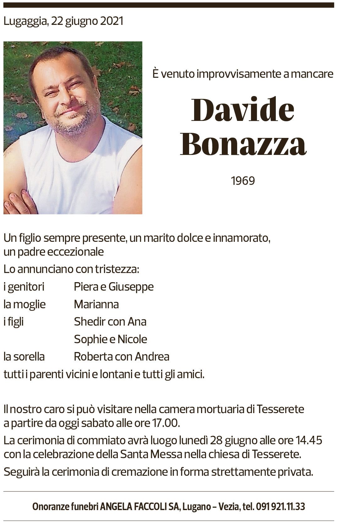 Annuncio funebre Davide Bonazza