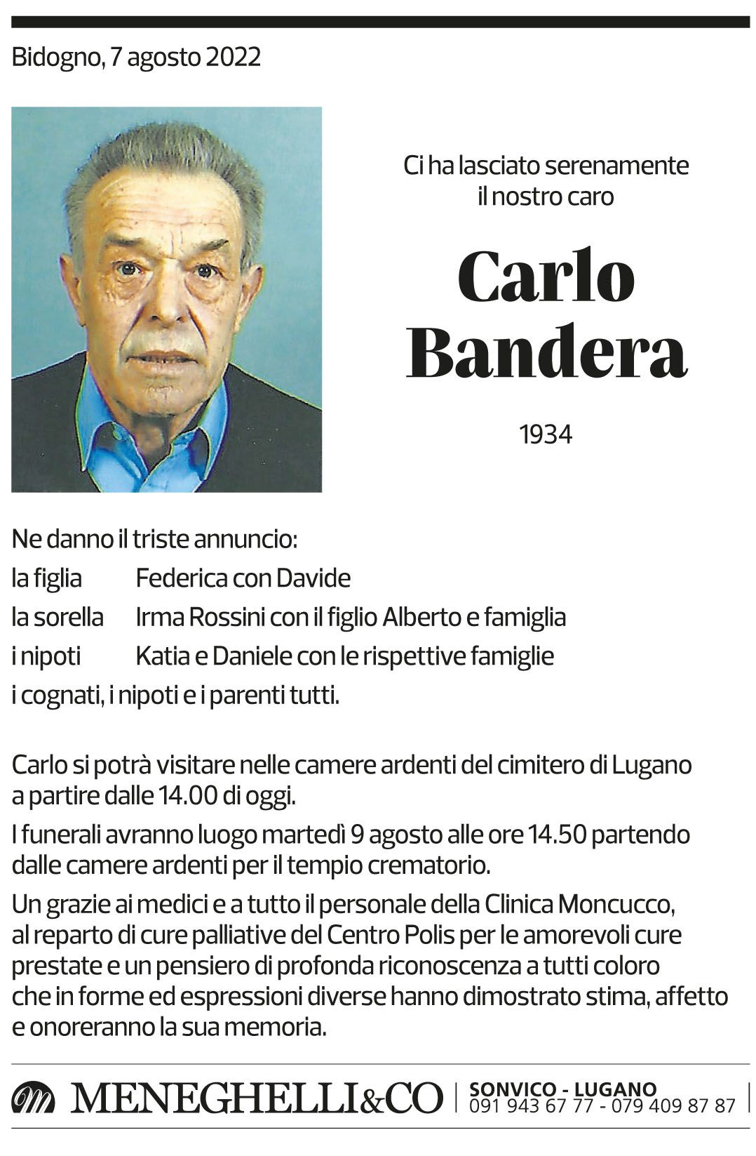 Annuncio funebre Carlo Bandera