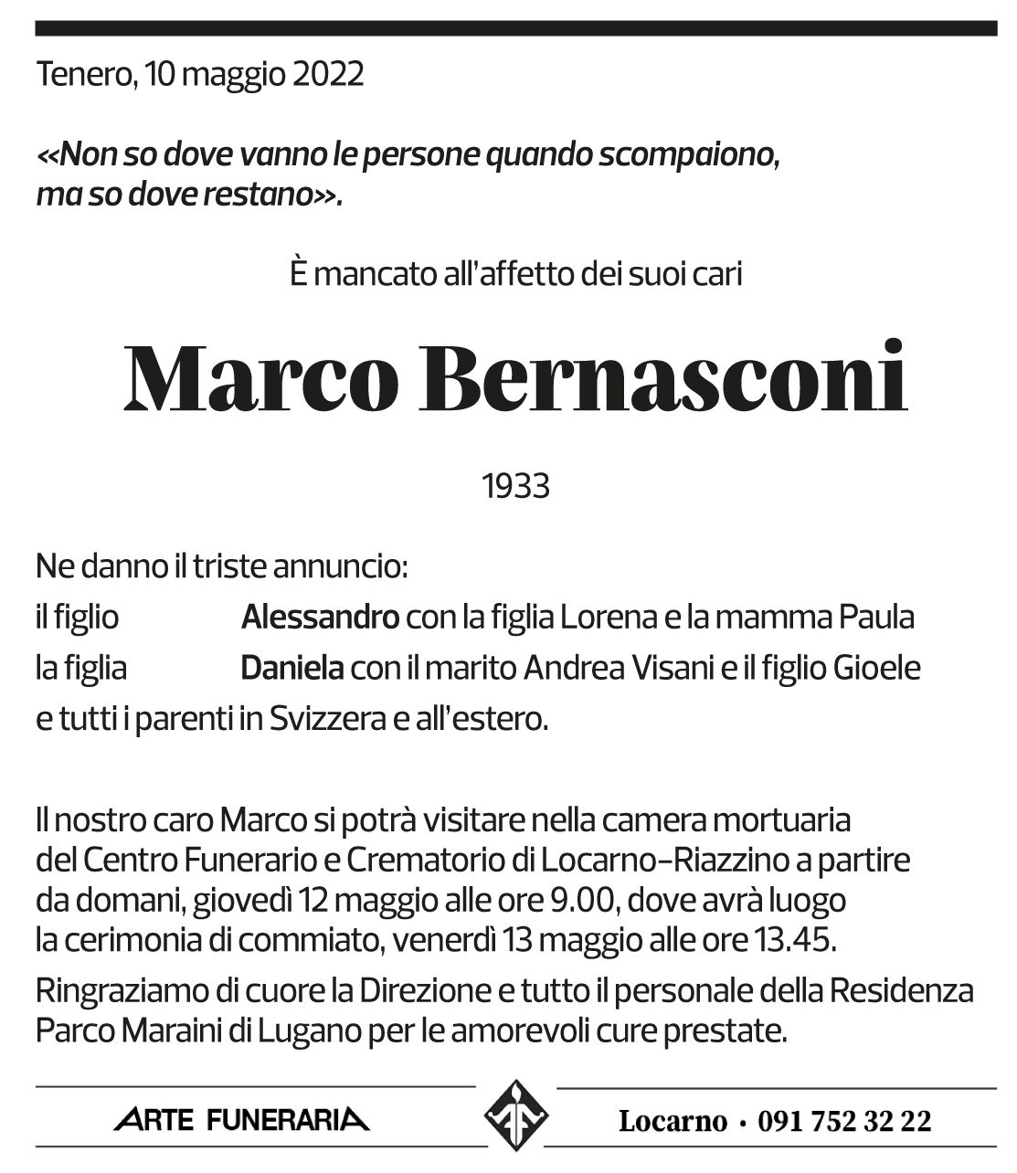 Annuncio funebre Marco Bernasconi