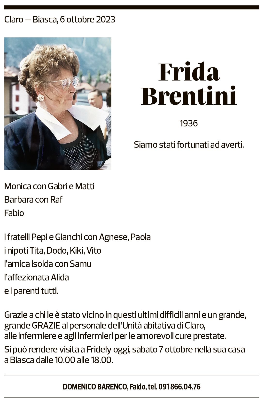 Annuncio funebre Frida Brentini