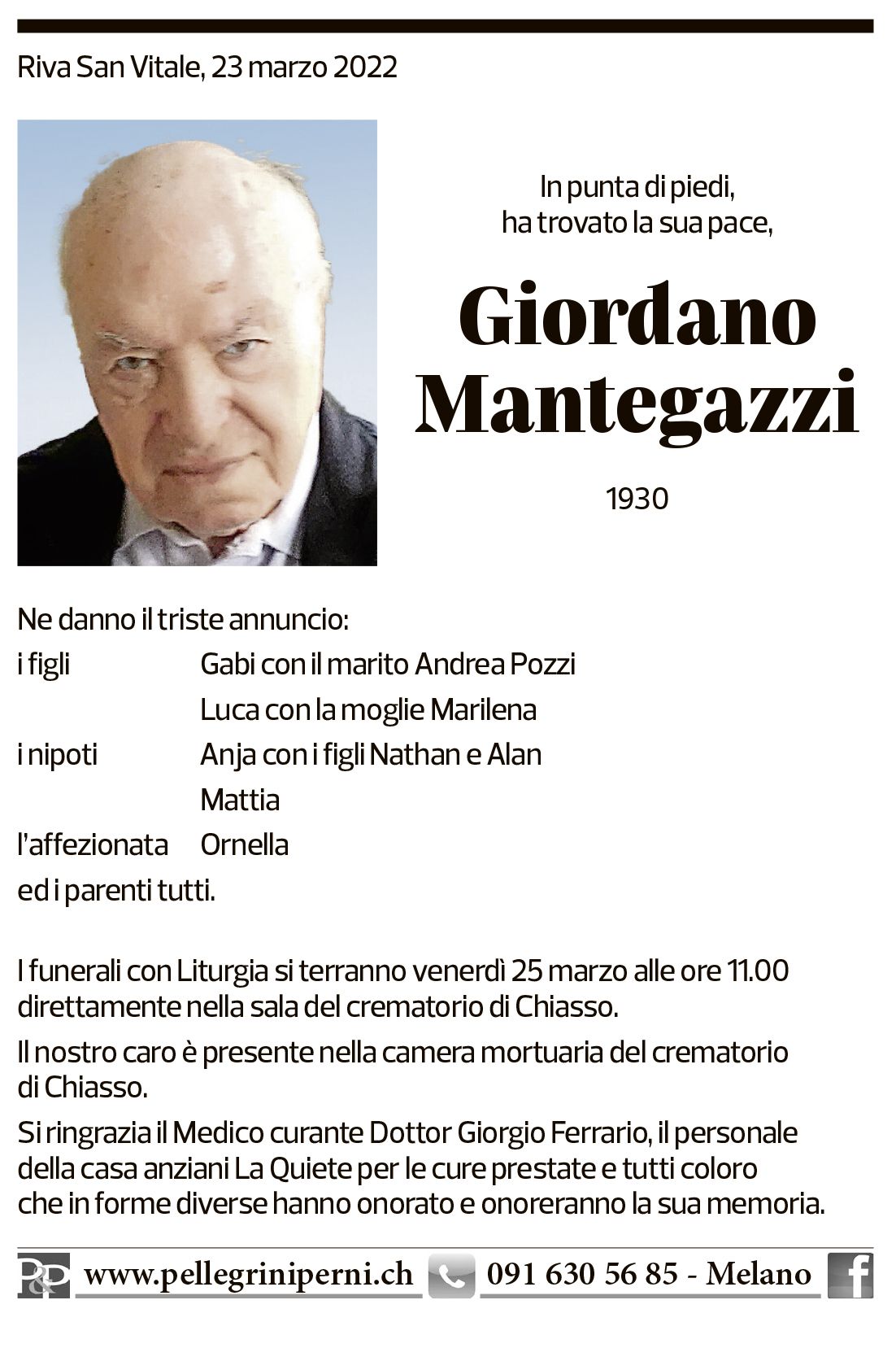 Annuncio funebre Giordano Mantegazzi