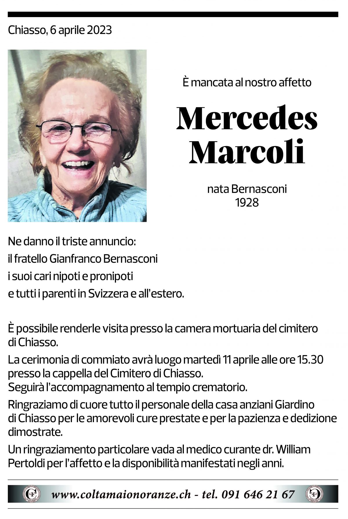 Annuncio funebre Mercedes Marcoli