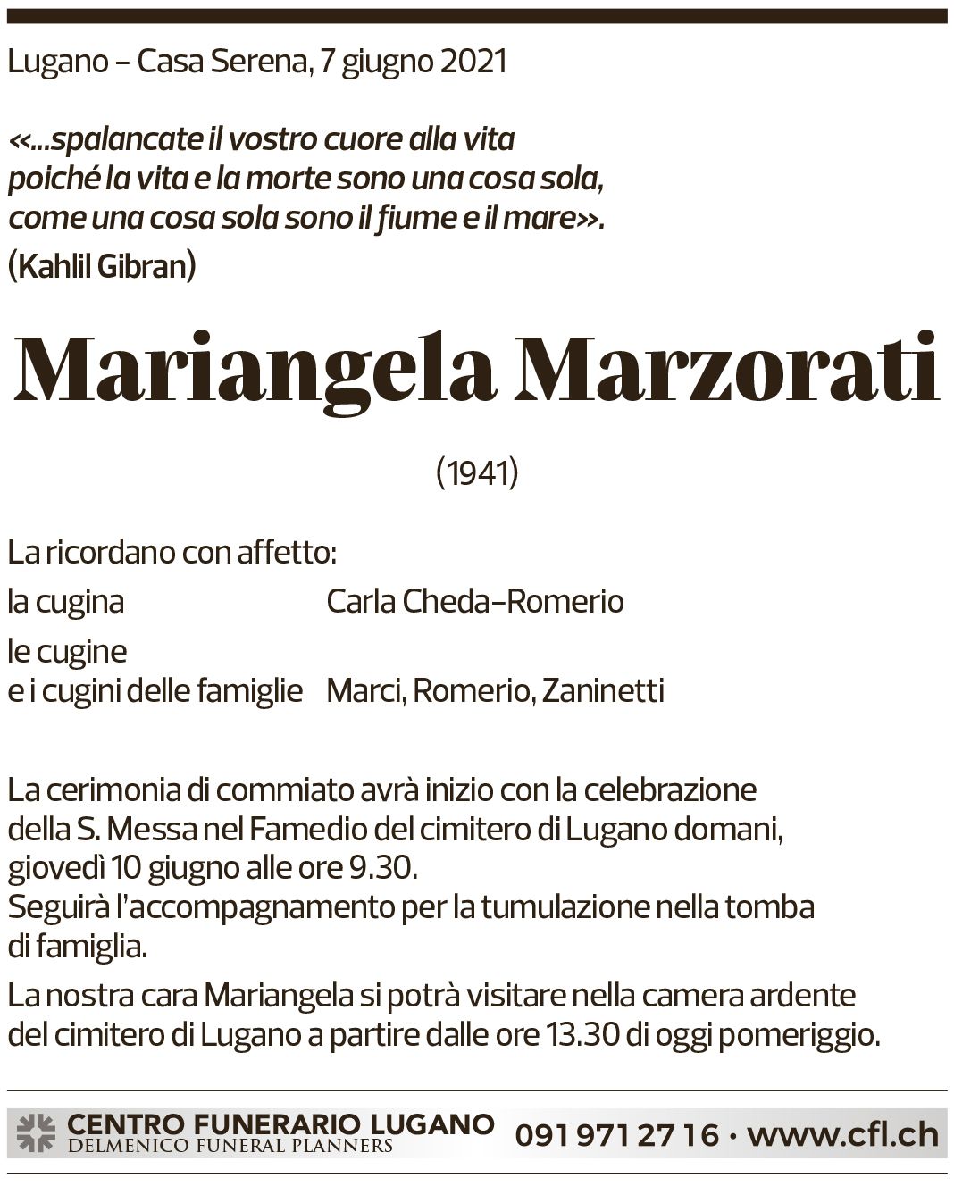 Annuncio funebre Mariangela Marzorati