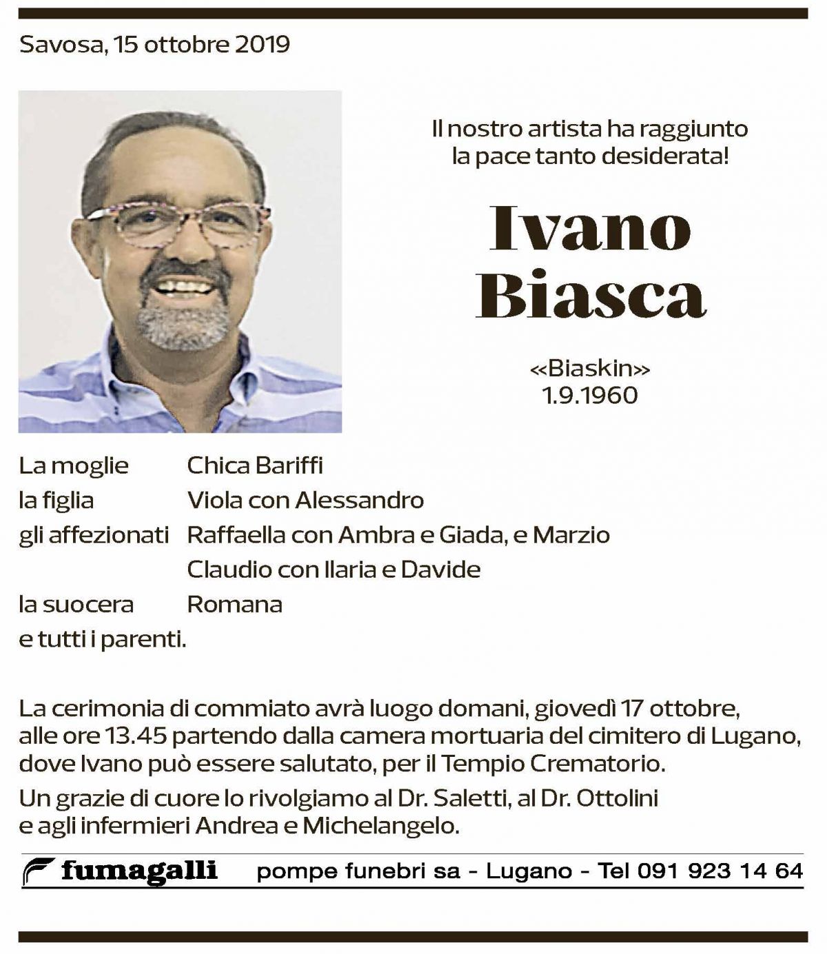 Annuncio funebre Ivano Biasca