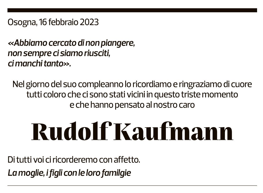 Annuncio funebre Rudolf Kaufmann