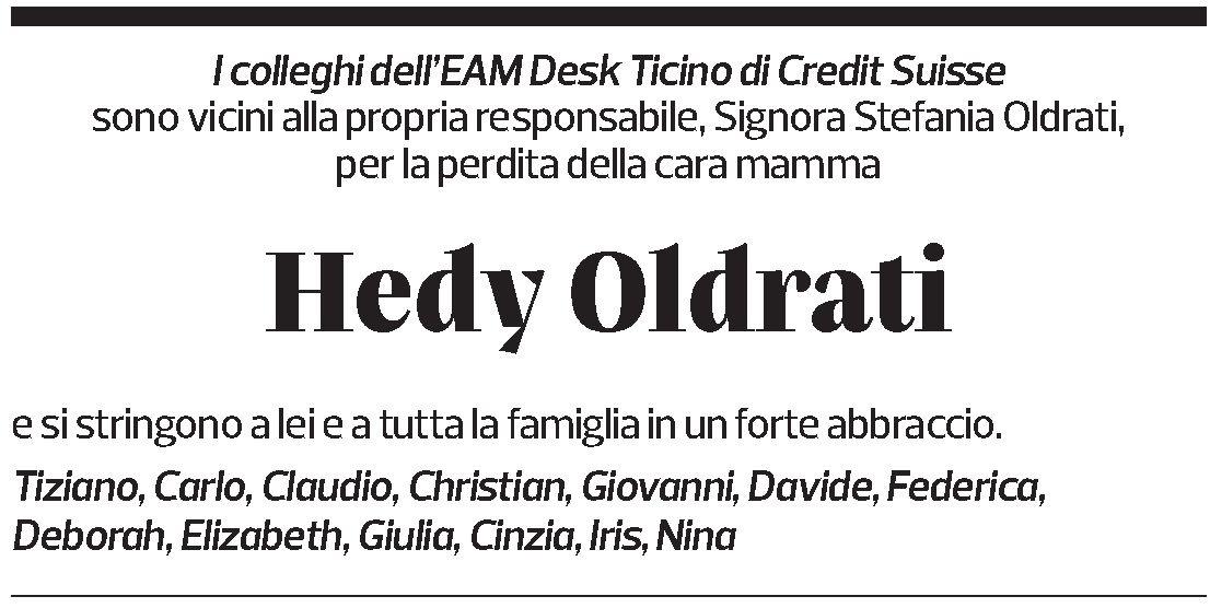 Annuncio funebre Hedy Oldrati