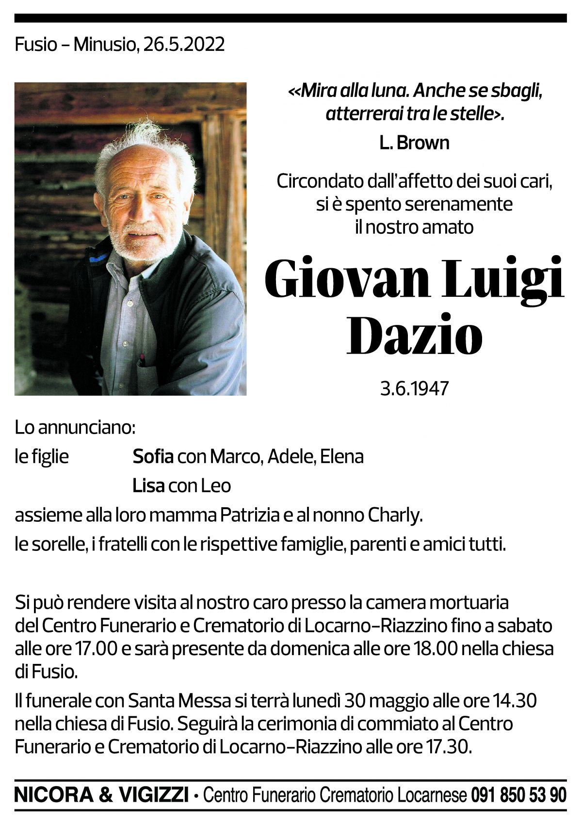 Annuncio funebre Giovan Luigi Dazio