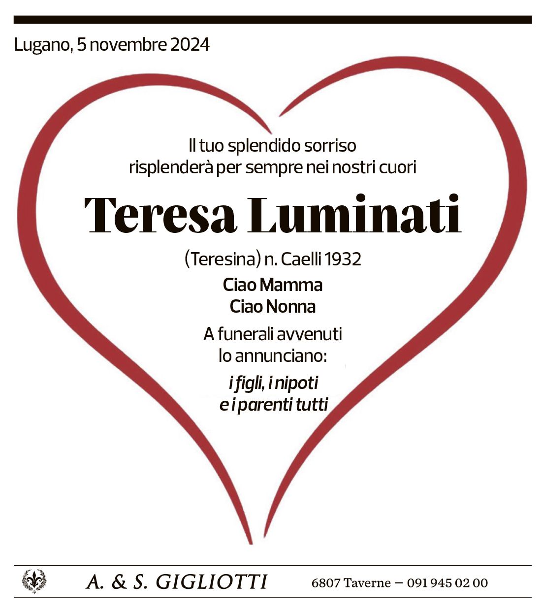 Annuncio funebre Teresa Luminati