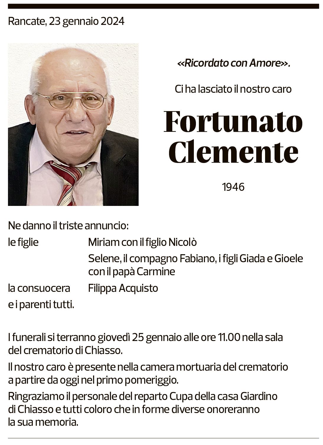 Annuncio funebre Fortunato Clemente