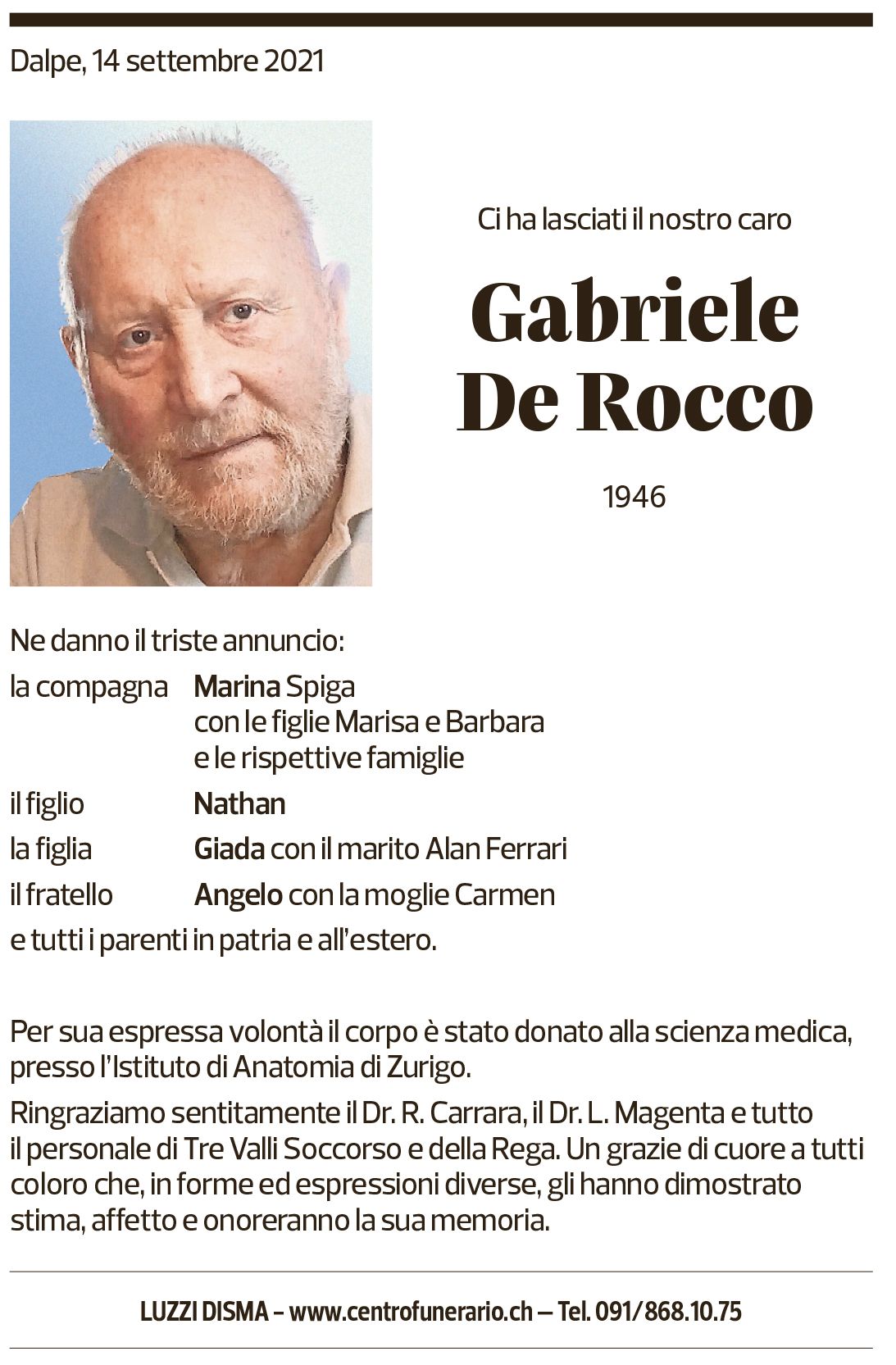 Annuncio funebre Gabriele De Rocco