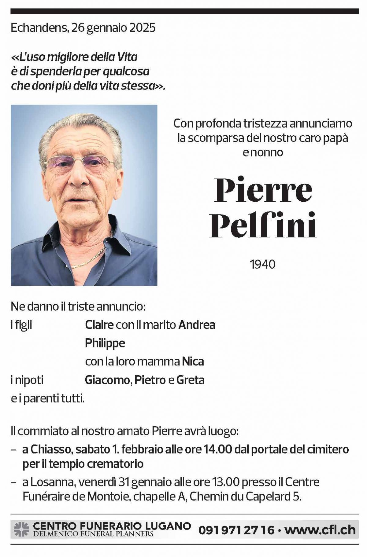 Annuncio funebre Pierre Pelfini