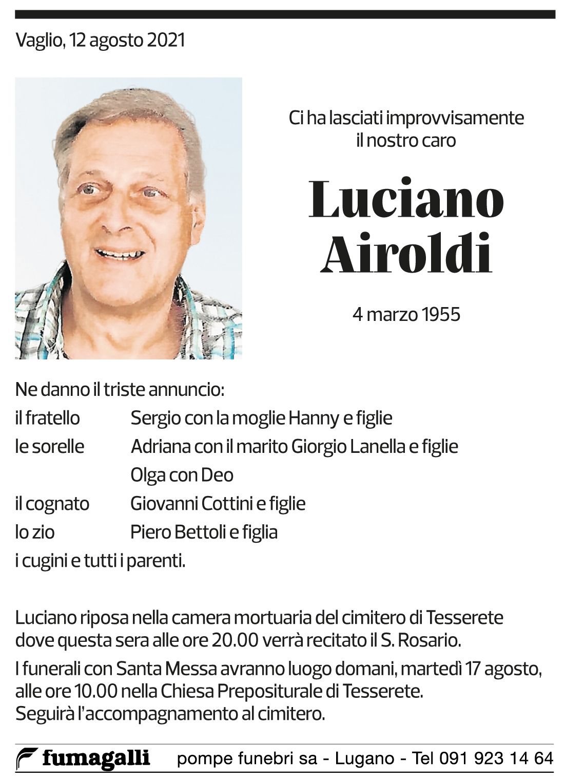 Annuncio funebre Luciano Airoldi