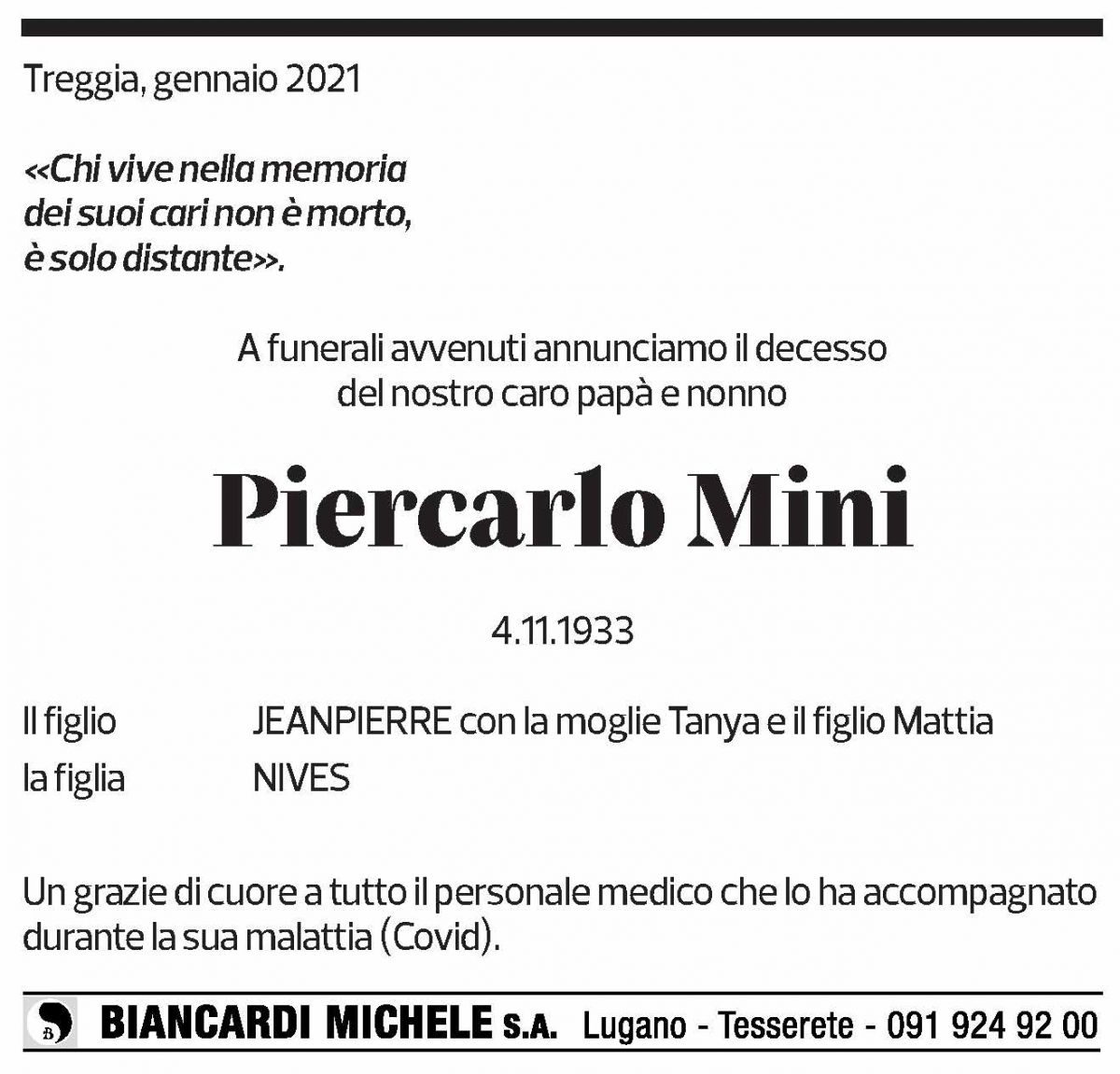 Annuncio funebre Piercarlo Mini