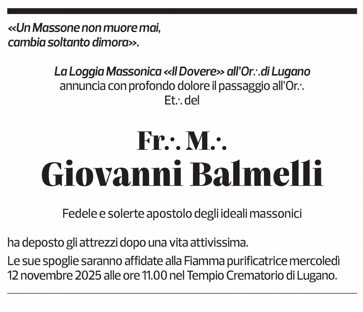Annuncio funebre Giovanni Balmelli