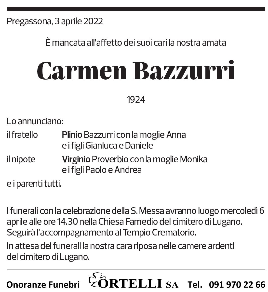 Annuncio funebre Carmen Bazzurri