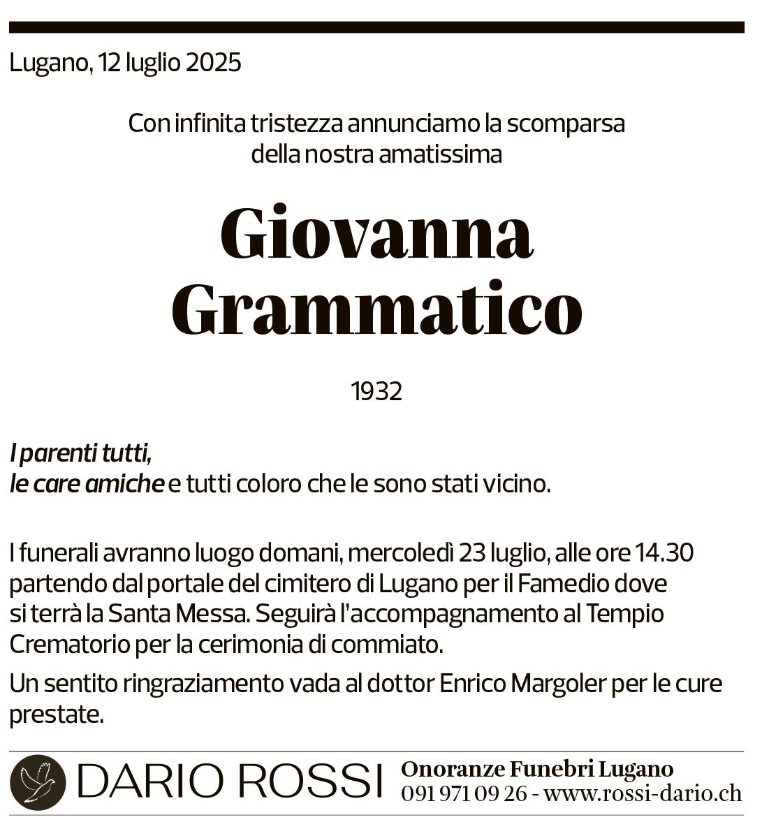Annuncio funebre Giovanna Grammatico