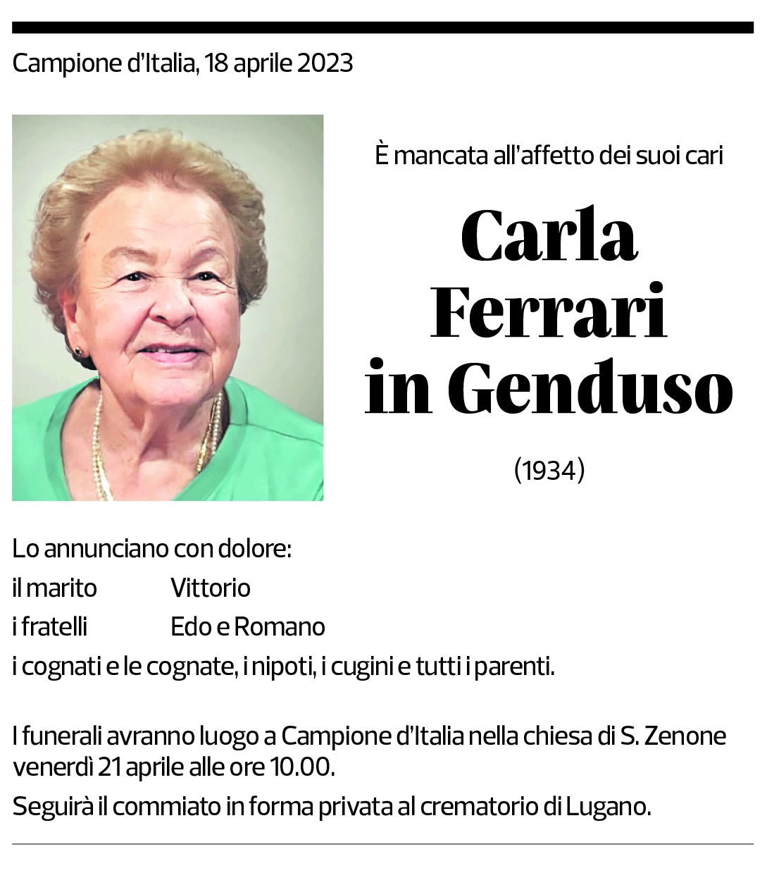 Annuncio funebre Carla Ferrari Genduso