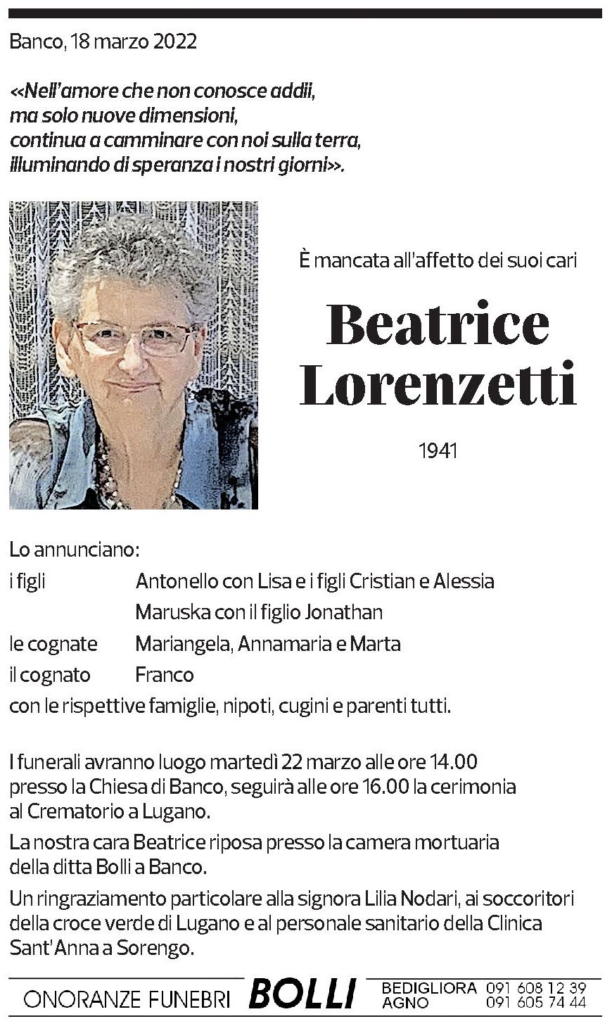 Annuncio funebre Beatrice Lorenzetti