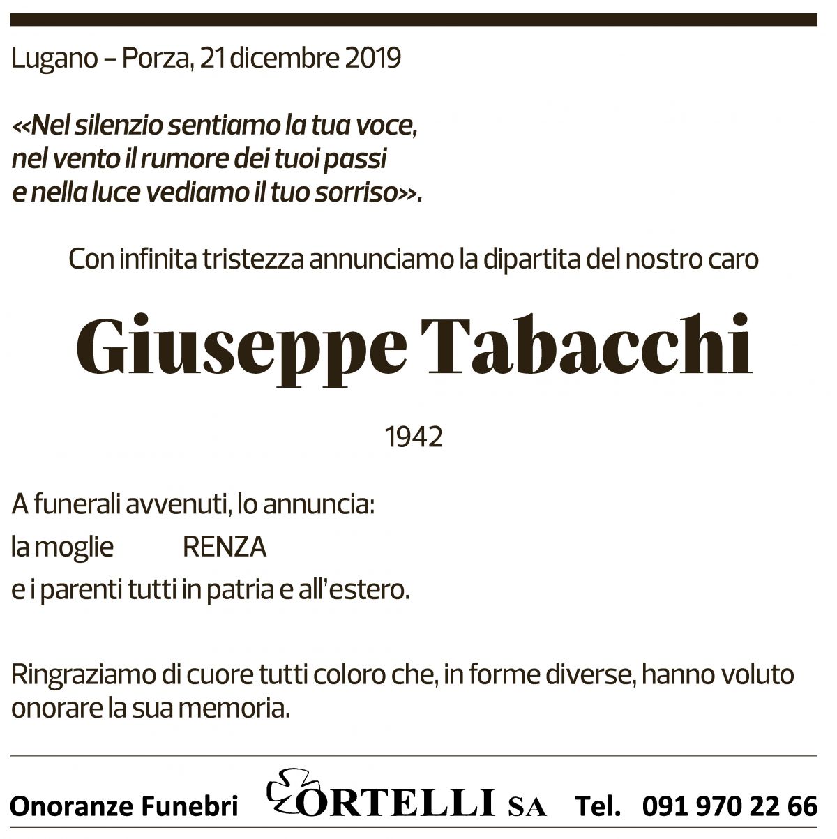 Annuncio funebre Giuseppe Tabacchi
