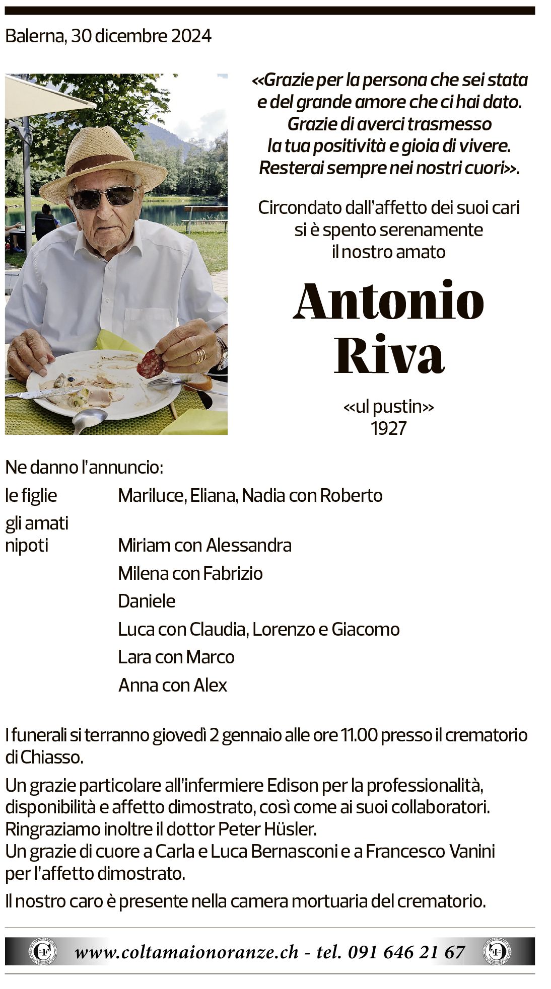 Annuncio funebre Antonio Riva