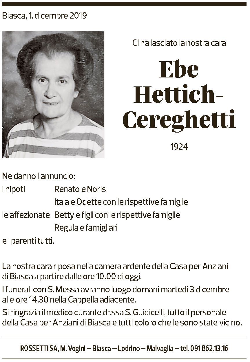 Annuncio funebre Ebe Hettich-cereghetti