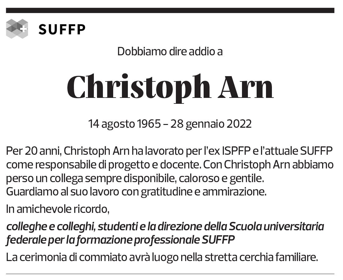 Annuncio funebre Christoph Arn