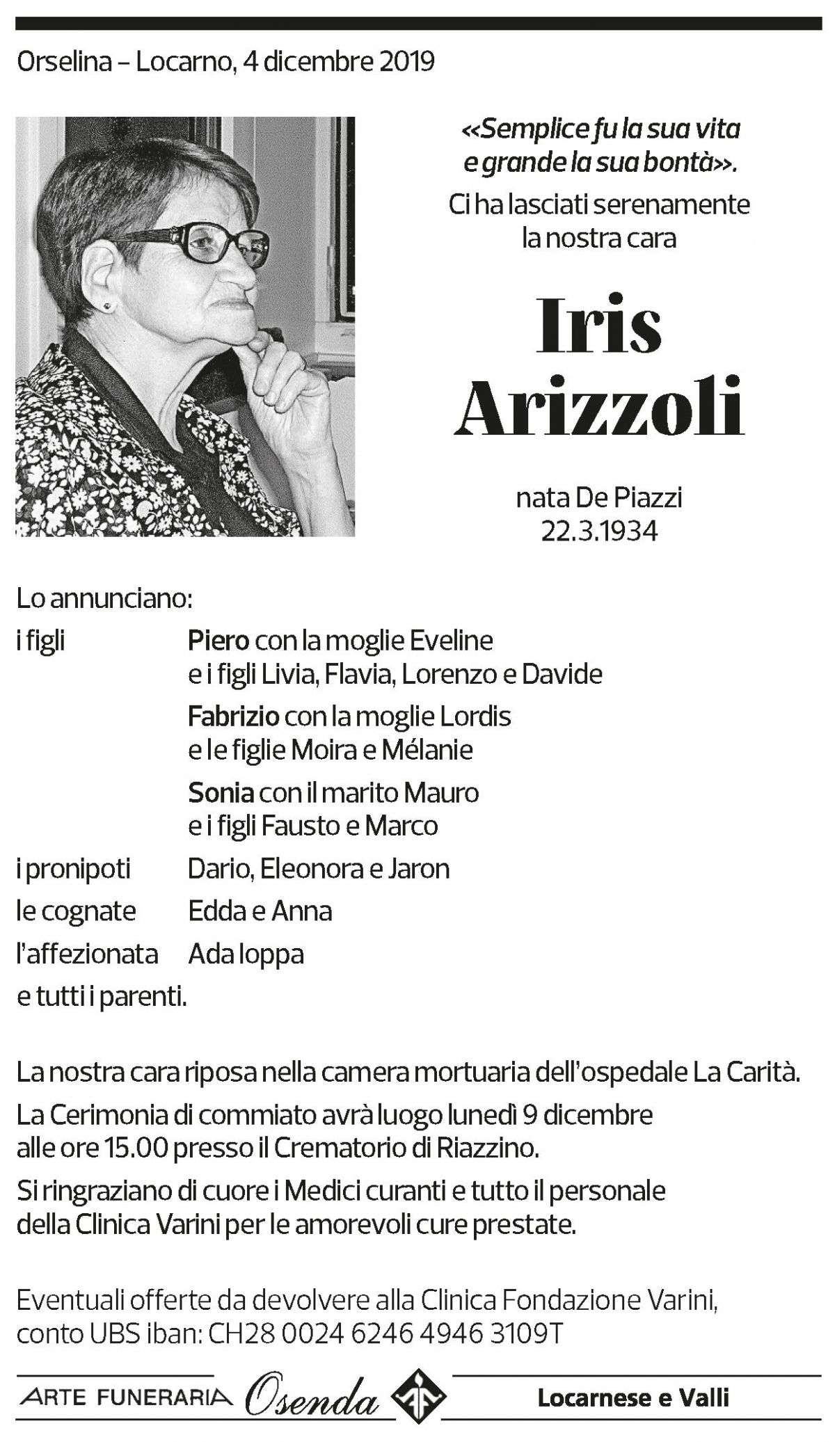 Annuncio funebre Iris Arizzoli