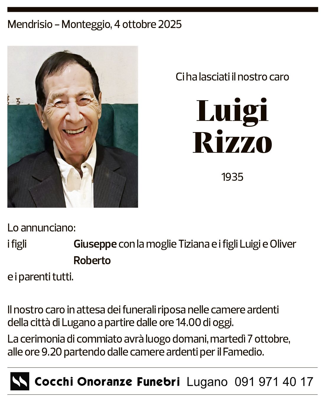 Annuncio funebre Luigi Rizzo