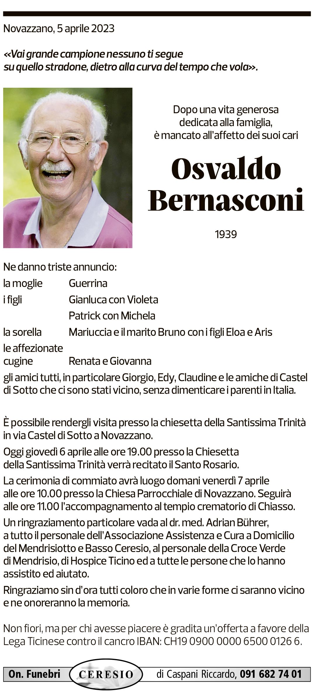 Annuncio funebre Osvaldo Bernasconi